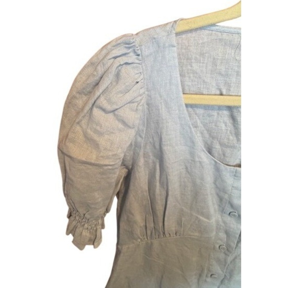 Other Stories 100% Linen‎ Puff Sleeve Button Front Midi Dress Light Blue Size 4 - Picture 6 of 9